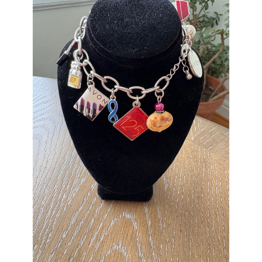Avon 125th Anniversary Charm Bracelet Silver Tone Enamel Lipstick Perfume 8in